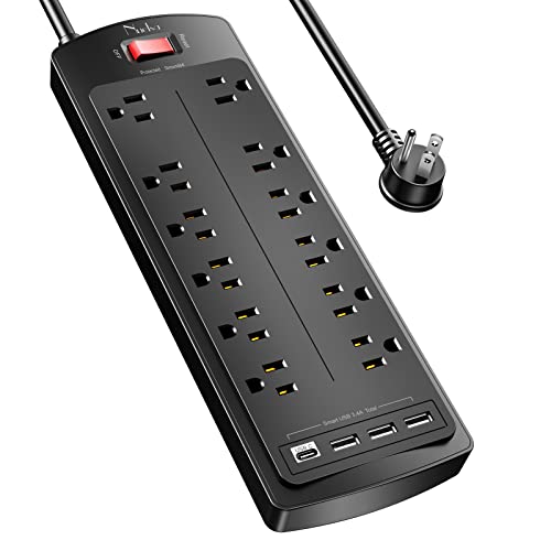 Surge Protector Power Bar, Nuetsa 12 Outlets Power Strip and 4 USB Ports(3U1C), 6Ft Flat Plug Extension Cord (1875W/15A) Dorm Essentials, 2700 Joules, ETL Listed,Black image 8