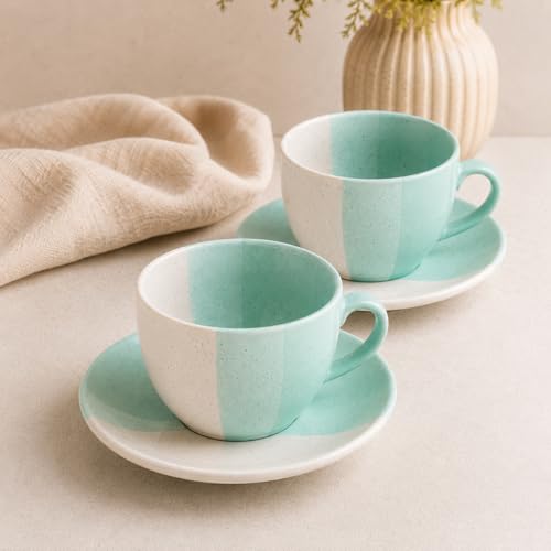 Image of The Earth Store TT Green Ceramic Cappuccino Cup with Saucer Set of 4 | 250ML Coffee & Tea Cups | Microwave & Dishwasher Safe | Stylish Cups for Home, Cafe & Gifting