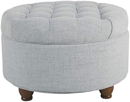 Homepop Home Decor | Large Button Tufted Woven Round Storage Ottoman | Ottoman with Storage for Living Room & Bedroom (Light Blue)