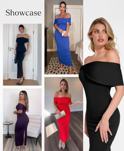 Image of Popilush Off The Shoulder Maxi Dress Wedding Guest Formal Dresses for Women Sleeveless Bodycon Long Shapewear Prom Dress