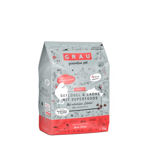 GRAU – das Original – Trockenfutter für Katzen, Geflügel & Lachs mit Superfoods, 1er Pack (1 x 2 kg), glutenfrei, für Erwachsene Katzen