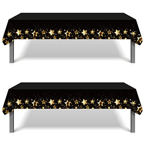 Hadeeong 2Pack Black And Gold Tablecloth For Rectangle Tables, Plastic Disposable Star Table Covers For Birthday, Wedding, Anniversary, Picnics, Graduation, 51" X 86" #TOP21