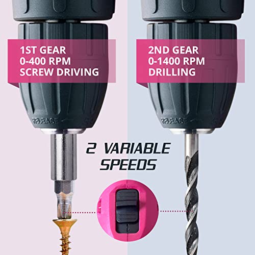 Pink Cordless Drill Set - Electric Screwdriver Cordless Drill Kit For Women - 12V Rechargeable Li-Ion Battery - Storage Case, Bits, Drills & Safety Glasses - Gift For Mom, Sister Or Wife #TOP4