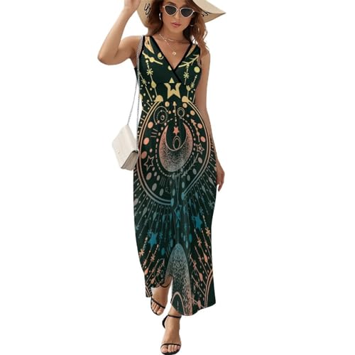Robe Longue D'été sans Manches Étoiles De Lune Décontractée à Col en V pour Femmes