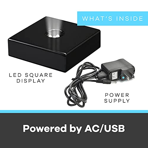 Image of 5 LED White Light Base for Glass Art - Square Black Satin Matte Wood Light Stand Base for Art Glass, Room Decor, Gemstones and Crystals - AC /USB Powered
