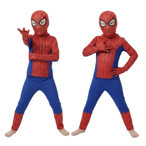 Image of ITSMYCOSTUME Superhero Costume for Kids Boys Girls | 4-Piece Fancy Dress Set with Mask & Gloves | Print Red Blue Suit | Birthday School Party Cosplay | Polyester Stretch Fit | 2-8 Years