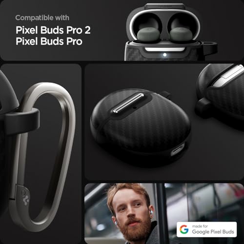 Spigen Enzo Aramid Compatible with Google Pixel Buds Pro 2 / Pro 1 - Matte Black Earbud Case - Slim Protection Design with Wireless Charging & Carabiner - Protects During Travel or Daily Use