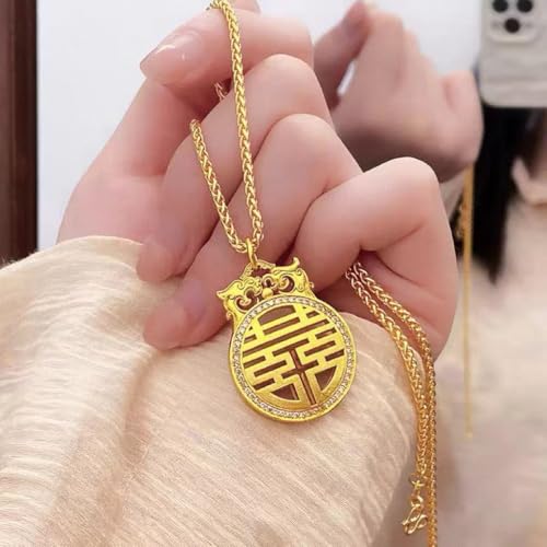Feng Shui Golden Double Happiness Pendant Necklace, Traditional Chinese Good Luck Amulet Gifts for Mom and Sister2