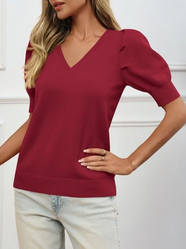 Image of Womens Puff Short Sleeve Sweater Tops 2026 Spring Summer Trendy Casual T Shirts Blouses