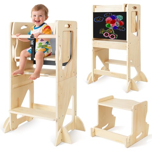 Image of Adjustable Height Toddler Kitchen Step Stool, Learning Standing Tower with Blackboard, Kids Wooden Kitchen Stool Helper, 1-3 Years Old Boys Girls Gift, 5-in-1 with Bench