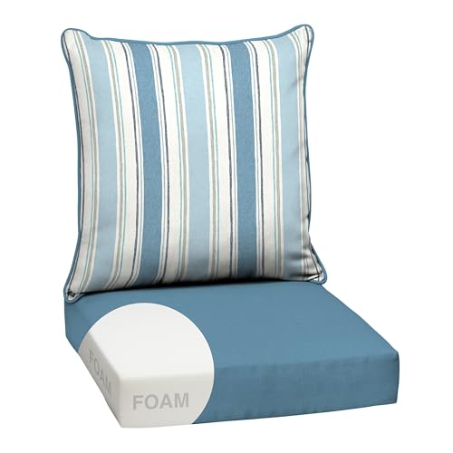 Image of Arden Outdoor Foam Deep Seat Cushion Set, 24 in x 24 in, Weather-Proof, Rain-Proof, Fade Resistant Patio Cushion, Bottom and Back Cushion for Chair, Sofa, and Couch French Blue Linen Stripe