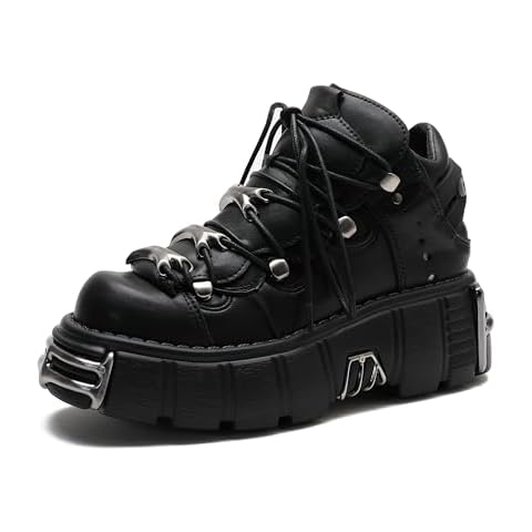 GooMaShoes Women's Metal Round Closed Toe Goth Platform Shoes, Cosplay Lace up Low Wedge Gothic Heels, Vintage Emo Rock Punk Pumps (Black, US 7) Cover