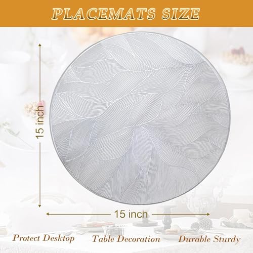 Image of HomeCloud PVC Material Round Shape Table Mat, Dining Table Mat,Table Placemats, Round Mats,Best for Bed-Side Table /Center Table, Dining Table /Shelves (Circle Leaf Flower Silver, Set of 2)