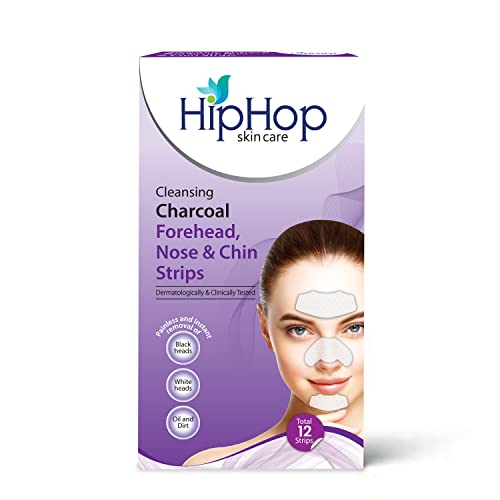 HipHop Skincare HipHop Skin Care Cleansing Charcoal Strips for Forehead, Nose & Chin (12 Strips), Blackhead, Whitehead Remover & Pore Cleanser with Glycerine & Tea Tree Oil, All Skin Types
