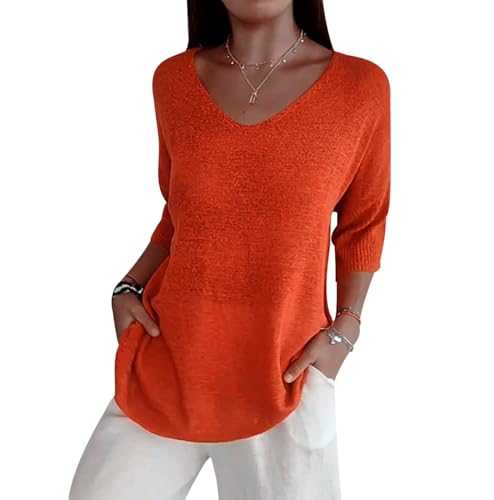 Jersey Punto Mujer Cuello V Jerséis Mujer Pullover Sweater Women Sueter Punto Mujer Primavera Jerseys Mujeres Jersey de Cuello Pico Fino Oversize Punto Ancho Señora Suéter Tejido para Mujer Naranja XL
