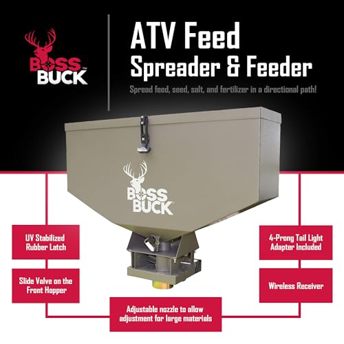 Boss Buck ATV Seeder/Spreader w/ Wireless Control & Adjustable Flow, 80 lb Capacity - Lawn, Garden & Farming Equipment w/ 2-inch Receiver Hitch, Spreads Feed, Seed, Salt & Fertilizer