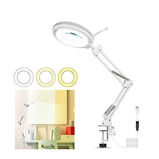LED-förstoringslampa, justerbar 5 x förstoringslampa, skrivbordslampor, 3 lägen, dimbar, 10,5 cm diameter, glas USB-förstoringslampa med justerbar svängarm för läsning, kontor, arbetsbänk (vit)