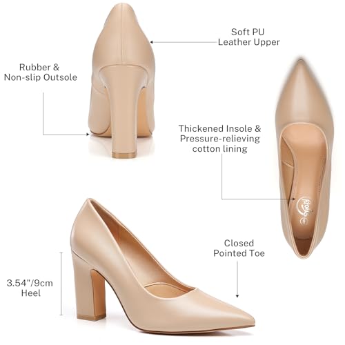 Trary Nude Heels Women's Closed Pointed Toe Chunky Pumps Block High Heels Comfortable Slip-On Office Party Wedding Dressy Shoes 3.54" Heel Size 7.5 by Trary - Used condition - Image 5