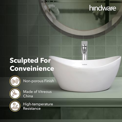 Image of Hindware Dew Table Top Wash Basin for Bathroom | Made of Ceramic | Star White | Oval Shape | Over the Counter Basin