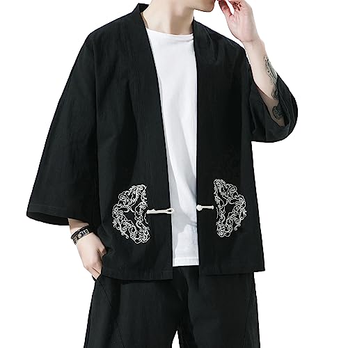 Image of Mens Kimono Cardigan Cotton Linen Japanese Shirt 3 /4 Sleeve Haori Yukata | Skin-Friendly Solid Color Lightweight Shawl Collar Kimono Robe Embroidery Button Tie Pockets Happi Coat All Season Daily Wear