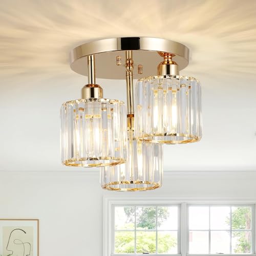 Rayofly Lámpara de Techo Moderna de Cristal, Lámpara de Techo de 3 Luces con Pantalla de Cristal, Lámpara de Techo Dorada para Salón, Pasillo, Dormitorio, Cocina Lámpara Colgante