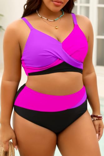 Image of Tempt Me Plus Size High Waisted Two Piece Swimsuit Color Block Bikini Set