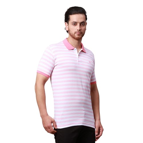Image of Park Avenue Men's Cotton Polyester Blend Stripe Pattern Slim Fit Rib Collar Polo Neck Half Sleeve Casual T-Shirt
