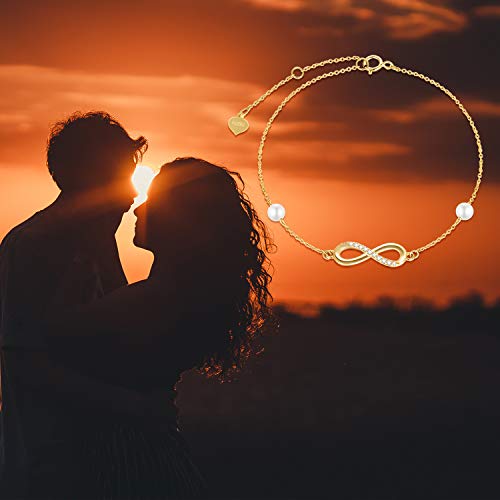 14K Gold Diamond Infinity Bracelet For Women, Real Gold Pearl Love Jewelry Gifts For Wife/Girlfriend, Christmas Present For Her, 6.9"-8.3" #TOP5