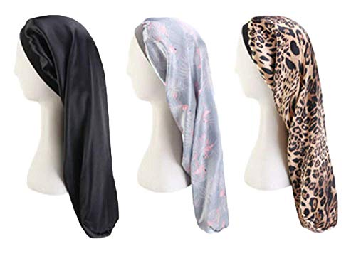 AVEBRI Long Satin Bonnet Sleeping Cap,Extra Long Double Layer Soft Elastic Band for Women Curly,Braids,Hair,Dreadlocks, Long Hair,Long size (Black,Gray Flamingo,Leopard)