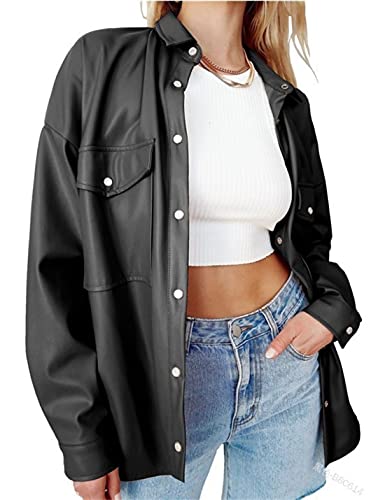 FindThy Women’s Faux PU Leather Jacket Vintage Lapel Button Up Blazer Biker Coat