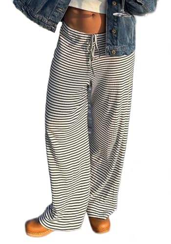 Women's Comfy Pajama Loose Casual Drawstring Lounge Pants - Striped Print Stretch Wide Leg