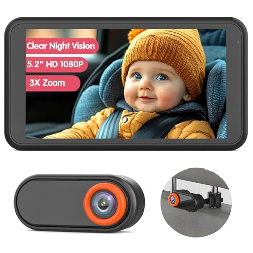 Image of Baby Car Camera for Backseat 1080P, 5.2" HD Wide Clear View Baby Car Mirror Monitor with 3X Zoom, 3 Mins Easy Installation, 360° Rotation Clip Bracket