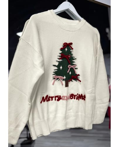 Image of SELINK Women's Holiday Sweater Crew Neck Print Casual Long Sleeve Pullover | cute tops, knit graphic sweaters, sequin letters, festive outfits, comfort fit for party daily wear