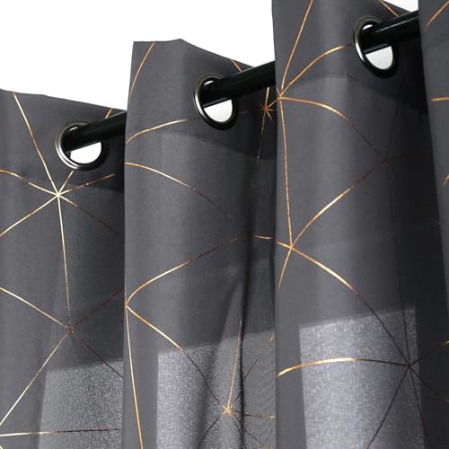 Taisier Home Gold Foil Print Linen Textured Geometric Curtains, Lightweight Bedroom Living Room Light Filtering Window Drapes with Printing Design, Soft Grey, W52 x L84 Inch, 2 Panels - image 3