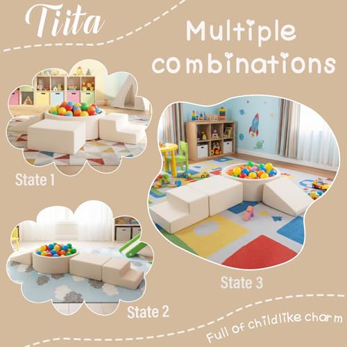 Image of Tiita Climbing Toys with Ball Pit for Toddlers, 4-Piece Kids Foam Climbing Blocks for Baby, Activity Soft Climb and Crawl Playset Indoor Playground, Beige (Balls not Included)