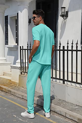 Fznhql Versatile Two Piece Set For Men Solid Color Henley Sweatshirt And Track Pants Lounge Set Tracksuits Sporty Outfits Green Large #TOP3