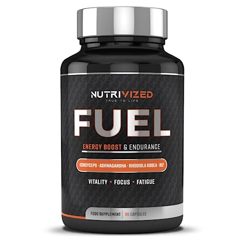 Nutrivized Fuel for Maximum Energy - Ashwagandha & Cordyceps Mushroom, Endurance, Focus and Clarity + Green Tea Extract - Rhodiola Rosea - Vitamin B12 – Vegan 90 Capsules - Made in The UK