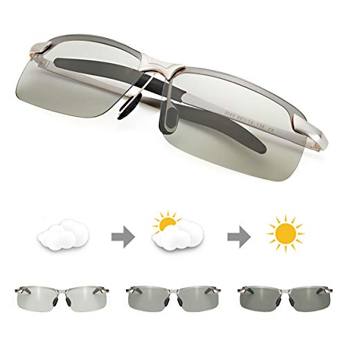 TJUTR Homme Lunette De Soleil Photochromiques Polarisées Conduite Pêche Golf Eyewear 100% UVA UVB Protection (Argenté/Gris(Photochromiques))