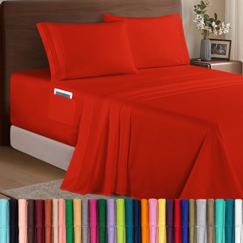 Image of Elegant Comfort Luxury 1500 Premium Hotel Quality Microfiber 4-Piece Sheet Set - Soft, All Around Elastic 18-24 Inches Deep Fitted Sheet - Extra Deep Pocket Sheets, Queen, Red