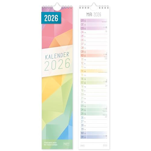 Häfft Streifenkalender 2026 lang & schmal (9 x 42 cm) Monats-Wandkalender für Küche Flur & Co - übersichtliche Termine & Geburtstage Rainbow- nachhaltig & klimafreundlich