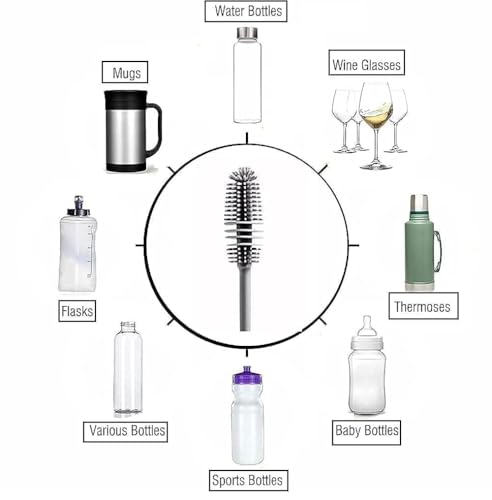 Image of Long Handle Silicone Bottle Cleaning Brush for Baby Bottles, Water Bottles, Vases, Glasses & More - Flexible Bottle Cleaner for Home & Kitchen Use