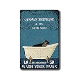 XIXIUQW Deutscher Schäferhund 'Wash Your Paws' Lustiges Badezimmer-Poster, Retro-Schild, Vintage-Tattoo-Salon, Retro-Blechschild, Vintage-Wanddekoration, 20,3 x 30,5 cm