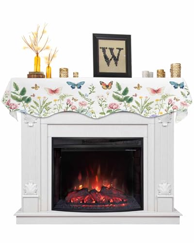 Dayforbarley Spring Floral Mantel Scarf for Fireplace Colored Butterfly Mantel Cover Watercolor Pastoral Fireplace Top Scarf Runner for Holiday Living Room Home Decoration 70 x 17 Inches