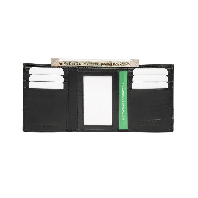 Image of United Colors of Benetton Men's Leather Trifold Wallet Frenda - Black | Compact High-Capacity Design with 6 Card Slots & 1 Compartments | Stylish Purse of Gents