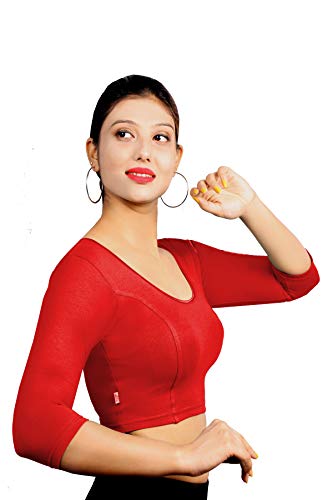 Image of Abhi Cotton Readymade Saree Blouse for Women- 3 /4 Sleeve, Round Neck, Regular-fit, Stretchable, Pull-on Style
