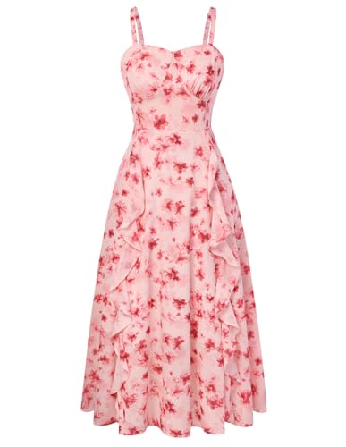 Image of Belle Poque Sun Dresses for Women Spring Summer Floral Midi Flowy Spaghetti Ruffle Wedding Guest Tea Party Dress