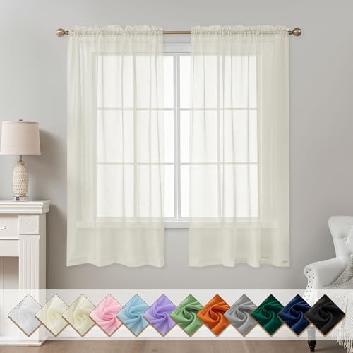 Image of Ivory Sheer Curtains 63 Inch Length, Privacy Semi Sheer Curtains for Living Room Bedroom, Light Filtering Rod Pocket Voile Window Drapes 2 Panels Set, Each 42 inch W x 63 inch L