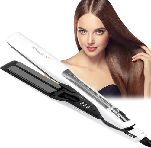 Plancha de Pelo a Vapor Profesional,Plancha de Pelo a Vapor 2 en 1 con Función de Iones Negativos,Placa Plana Extra Ancha de 1,6 Pulgadas,Suavidad Duradera,Control de Temperatura de 100 °C - 230 °C