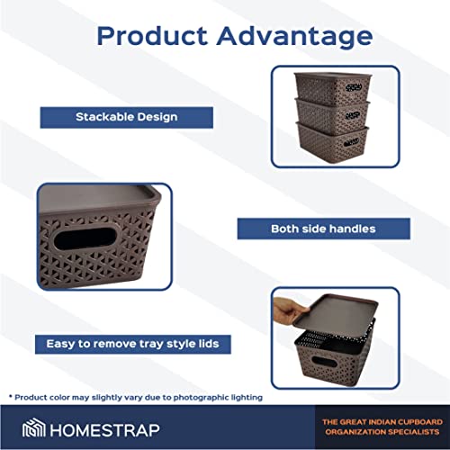 Image of Homestrap Set of 3 Plastic Storage Organizers /Baskets With Lid For Kitchen, Clothes, Multipurpose Vegetables, Toys, Books, office, Stationery, Wardrobe (Small|Brown) Rectangular