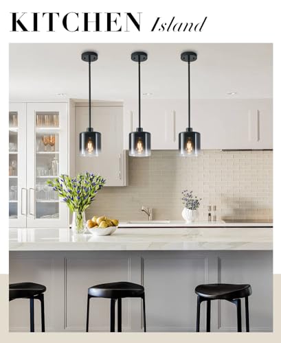 Image of 3-Pack Black Pendant Light Fixtures, Modern Pendant Lights for Kitchen Island with Adjustable Rods, Industrial Glass Pendant Lights for Dining Table Hallway Bedroom Living Room